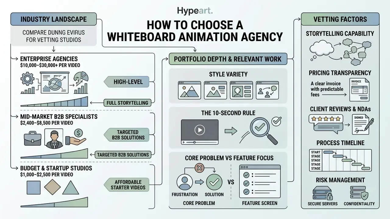 Flowchart comparing studio tiers and key vetting criteria for selecting a creative production partner
