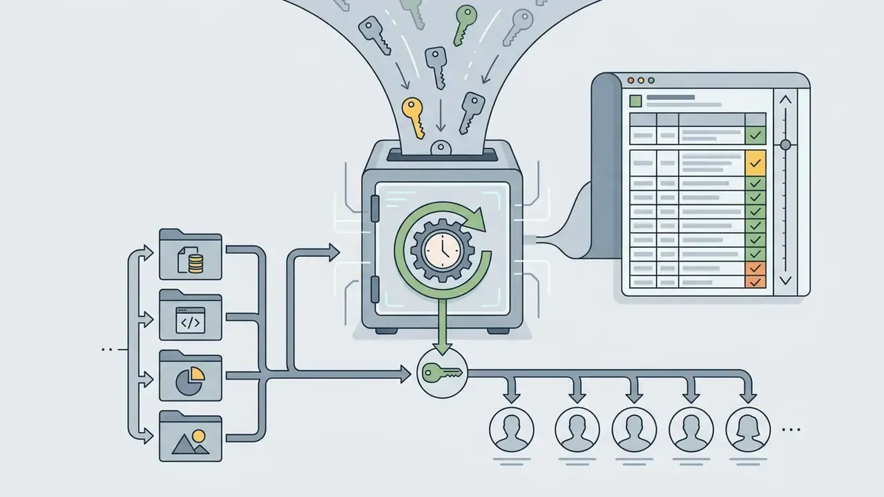 Keys funneling into a secure vault that processes and distributes access to various team members