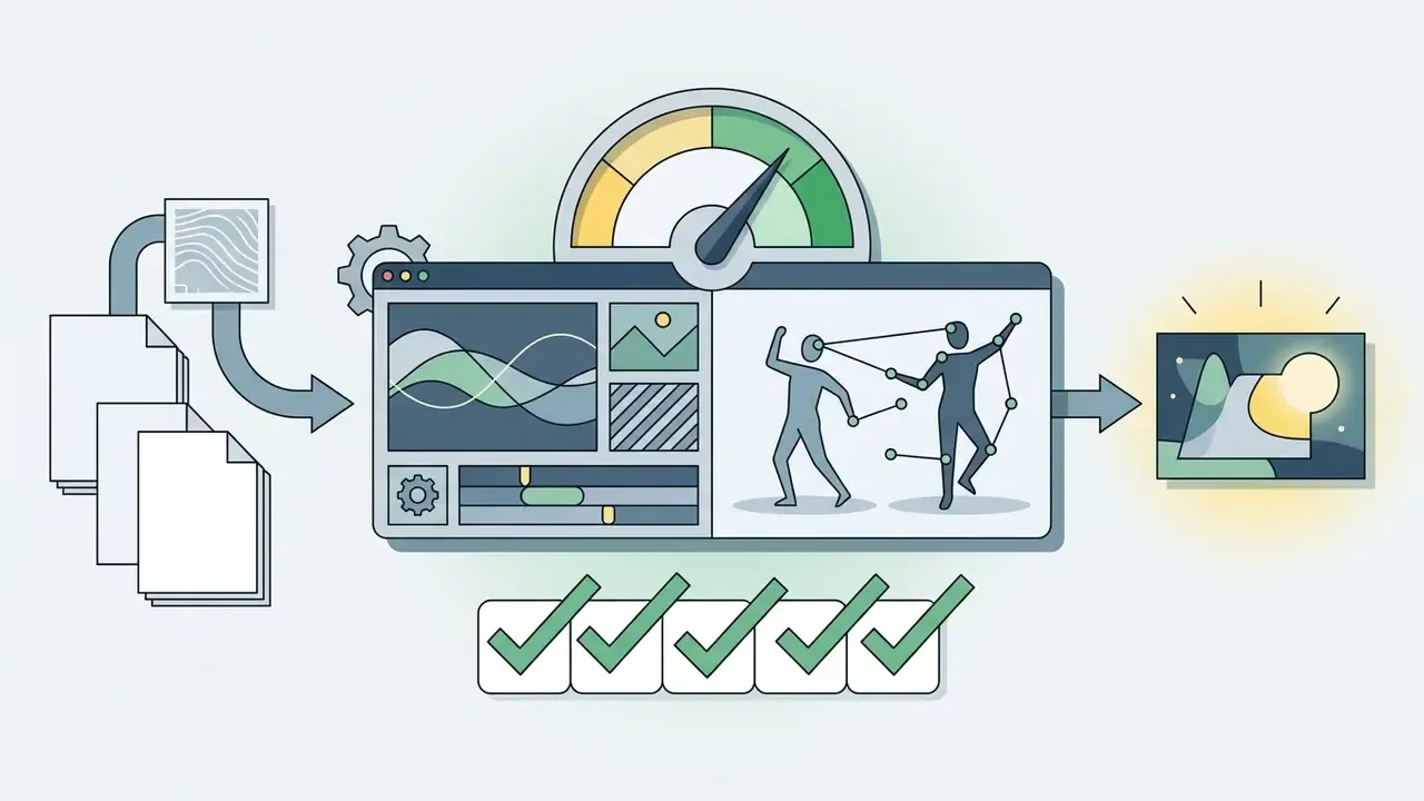 Documents passing through a processing hub with motion capture tools to create final animated media