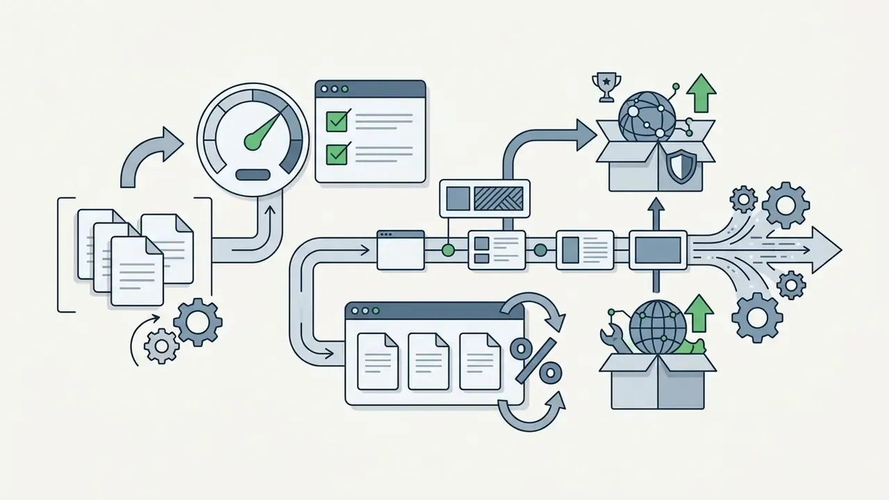 Process flow showing document processing, speed monitoring, and website packaging with upgrade options