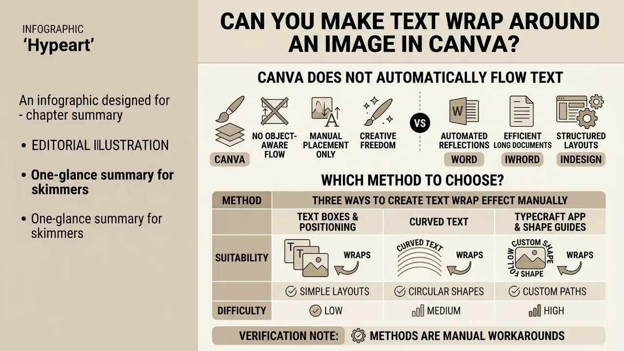 Infographic comparing Canva text wrapping methods against Word and InDesign with manual workarounds