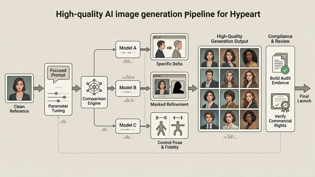 Workflow showing a reference photo processed through AI models into multiple variants for final review