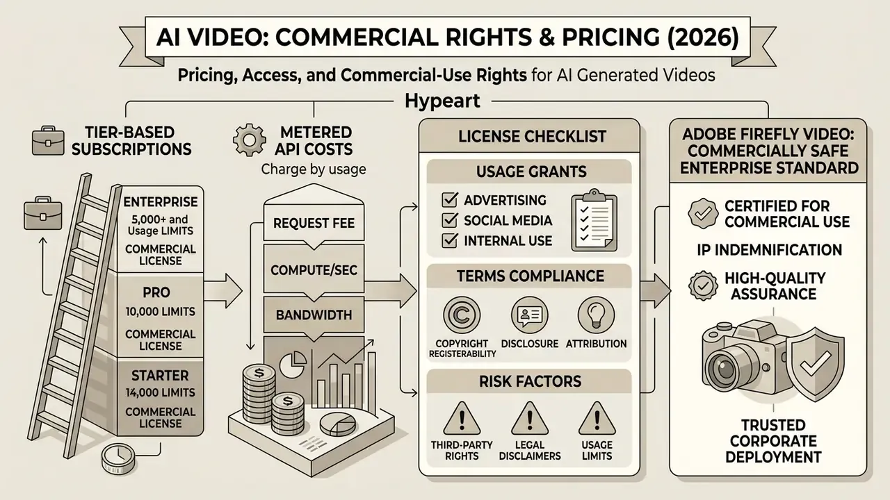 Summary of subscription tiers, API costs, license checklists, and corporate standards for AI video generation