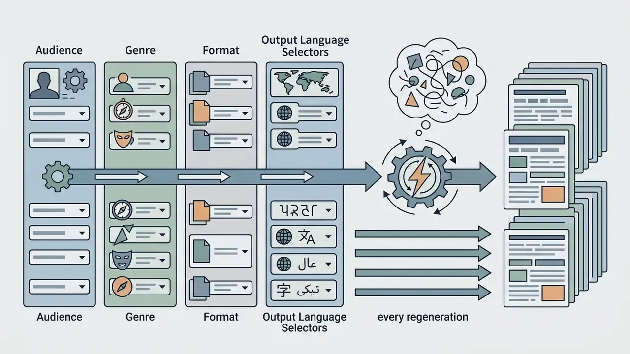 Dropdown menus for audience, genre, format, and language feeding into a processing gear for text output