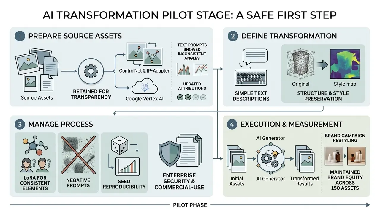 Four step process for preparing assets, defining transformations, managing workflows, and measuring results