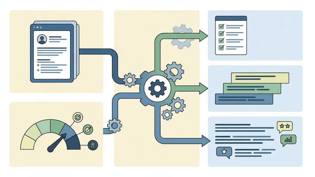 Documents and goal metrics feeding into a gear system that outputs checklists and progress comments