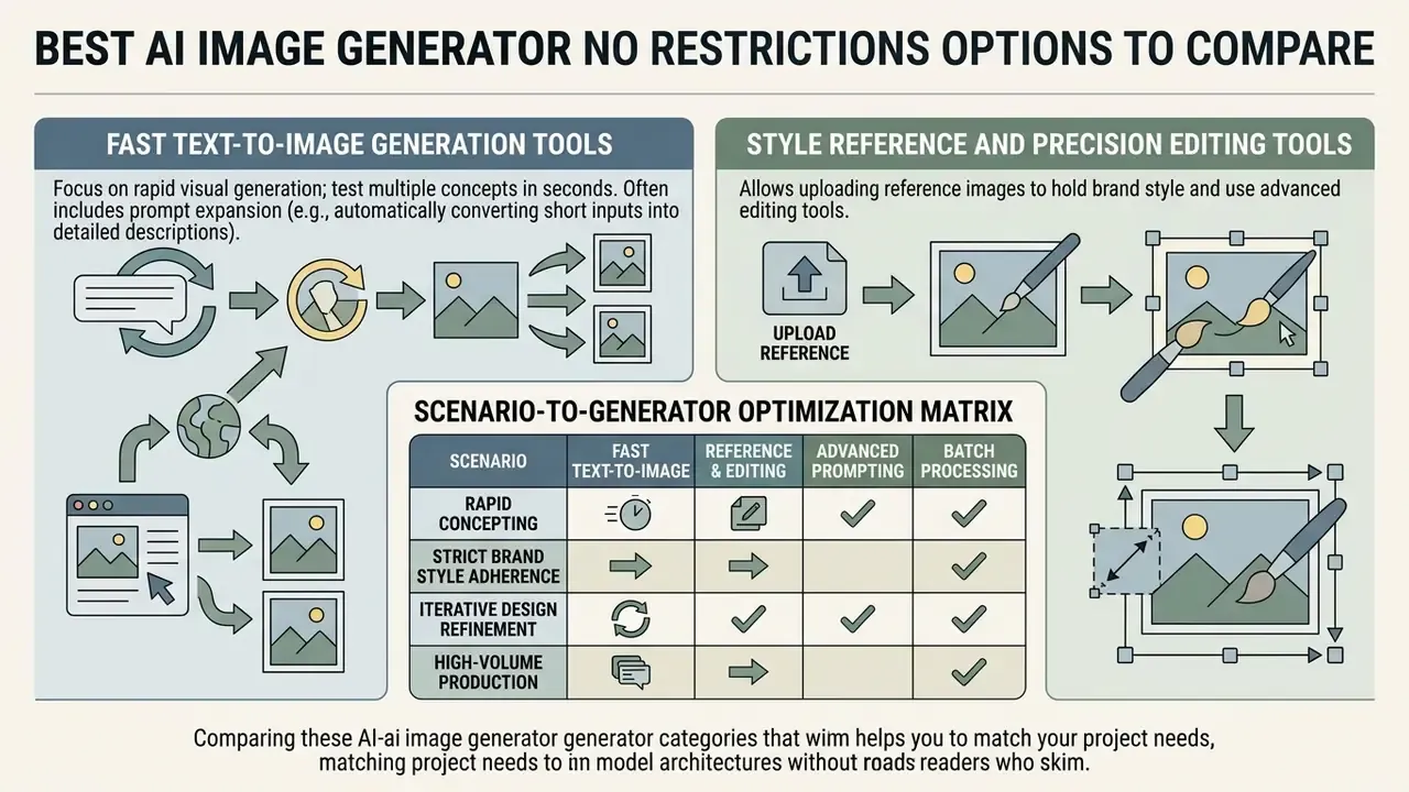 Visual guide contrasting rapid generation workflows with precision editing tools and a selection matrix