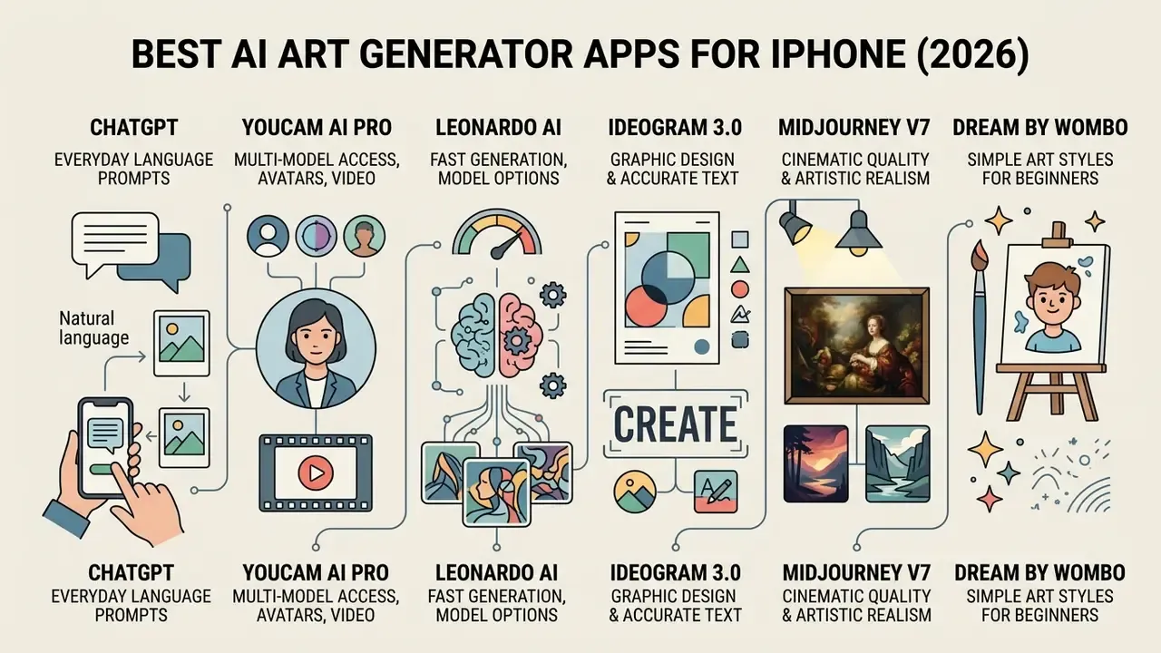 Comparison chart detailing features of various AI art generator apps for iPhone in 2026