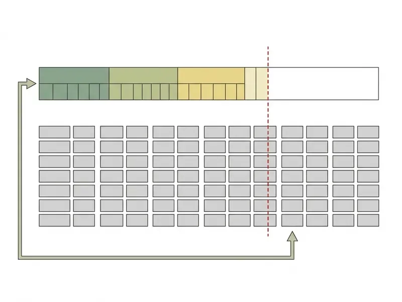 Bar chart showing a capacity threshold line crossing over a grid of empty and filled production blocks