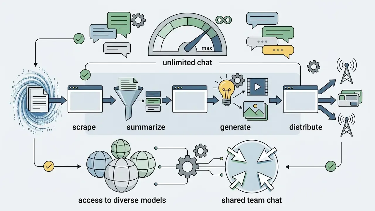 Linear workflow showing data scraping, summarizing, generating, and distributing content via team chat