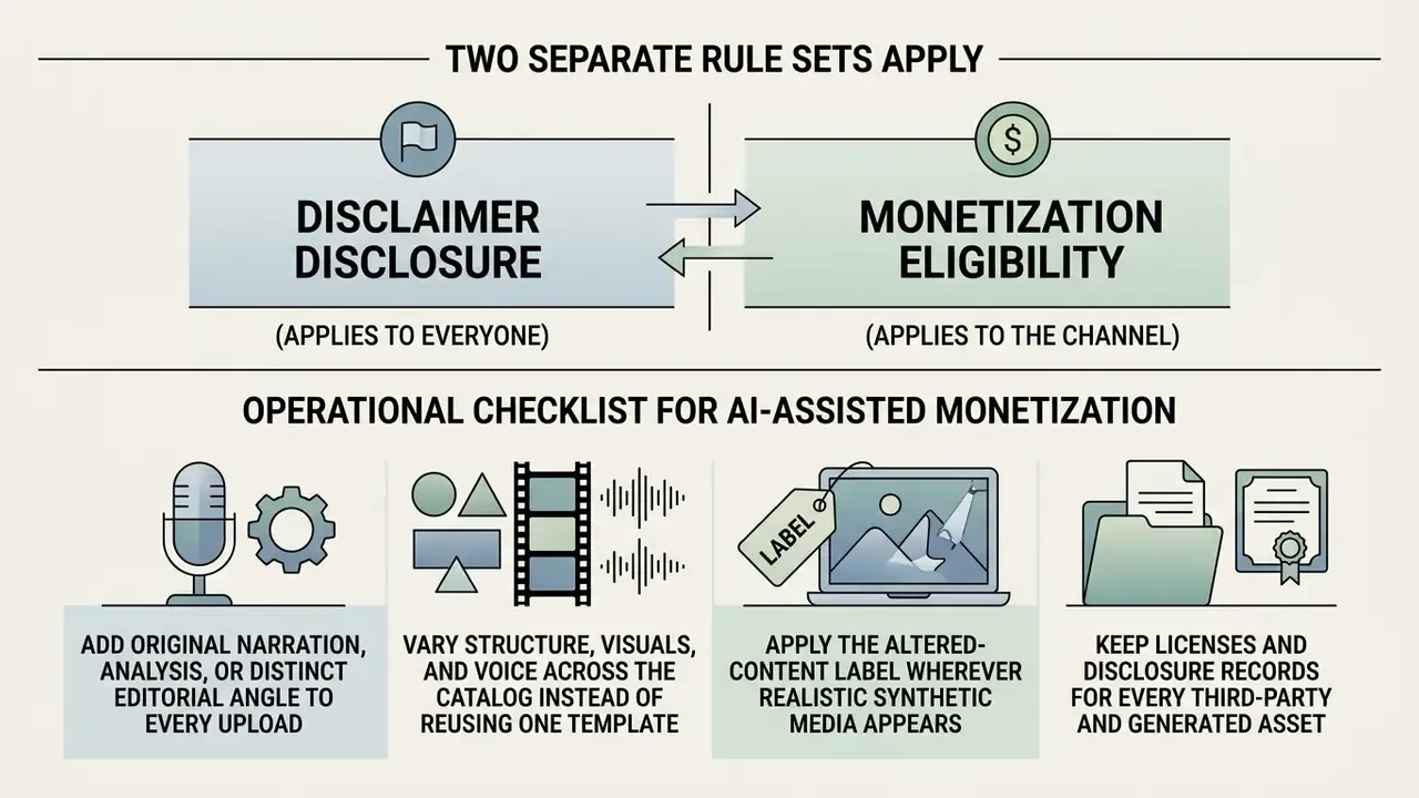 Diagram comparing disclosure rules and an operational checklist for AI-assisted video monetization