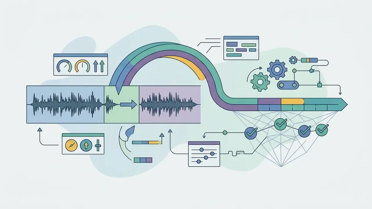 Audio waveform segments being extended and processed through a digital pipeline with gears and nodes