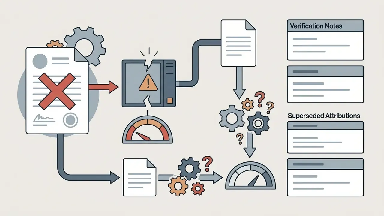 Document with a red cross icon feeding into broken server and assessment gears with question marks