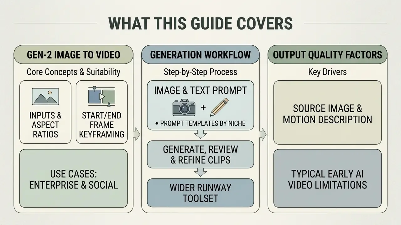 Flowchart outlining the Runway Gen-2 image to video generation process and key quality factors