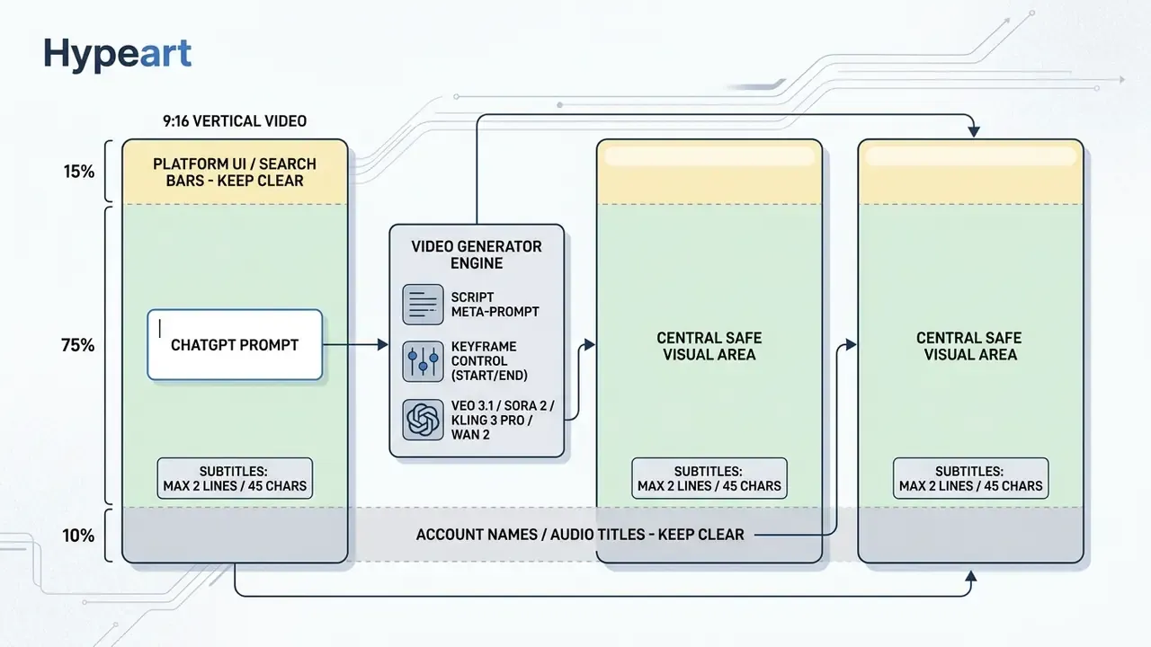 Layout guide for 9:16 vertical video showing safe zones for UI elements and subtitle placement
