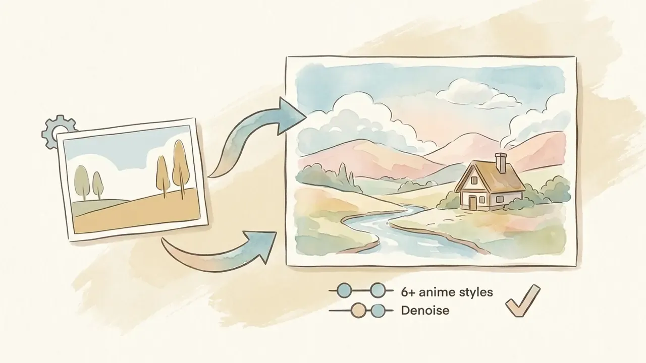 Simple landscape photo transforming into a watercolor painting with style and denoise adjustment sliders