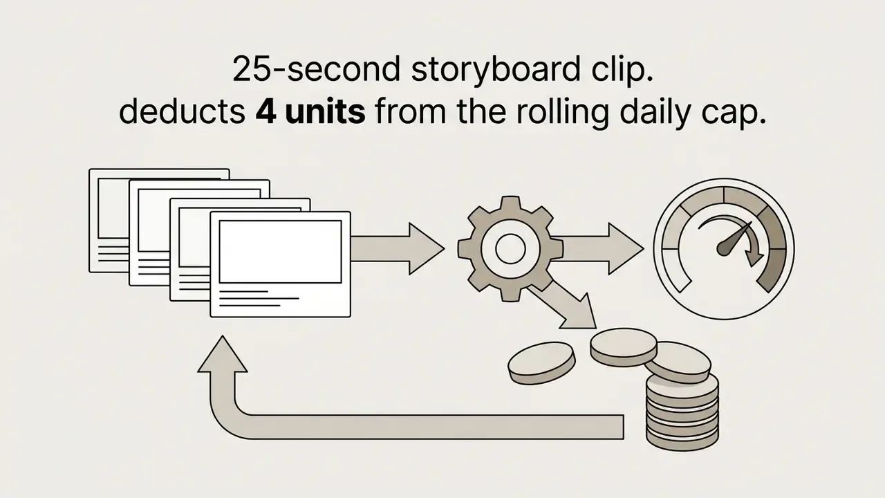Stack of storyboard frames feeding into a gear mechanism that updates a gauge and deducts unit tokens