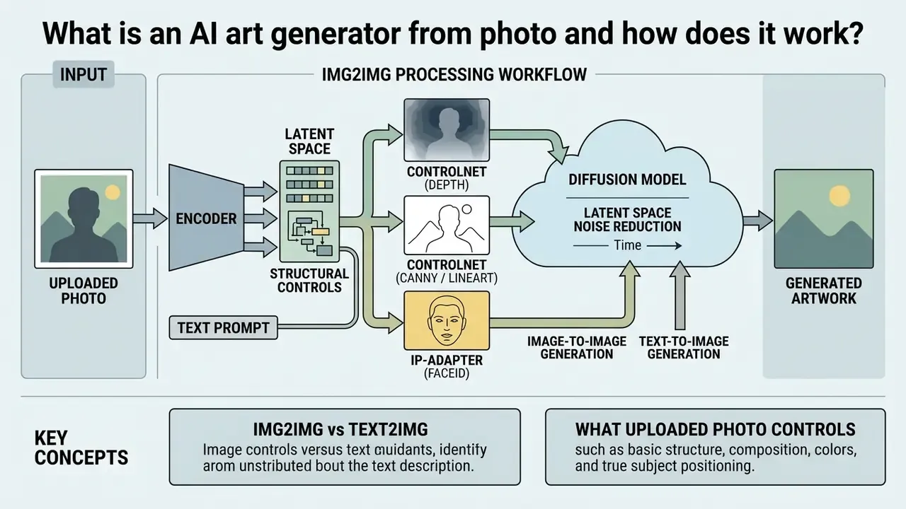 Flowchart showing how an uploaded photo is processed through encoders and diffusion models into art