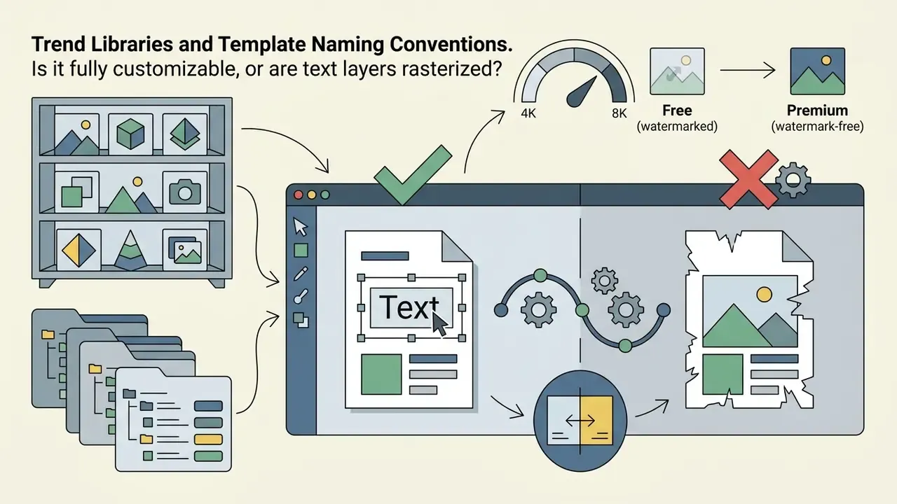 Diagram showing video templates being selected from libraries and edited for custom text versus rasterization