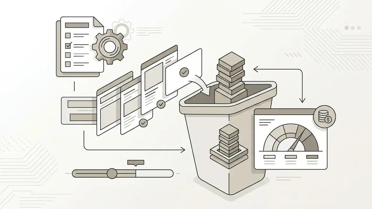 Checklist and documents flowing into a bin with a speedometer and coin stack icon representing processing