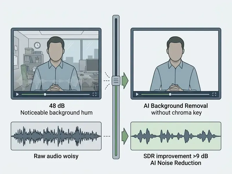 Split screen showing video and audio before and after AI background removal and noise reduction processing