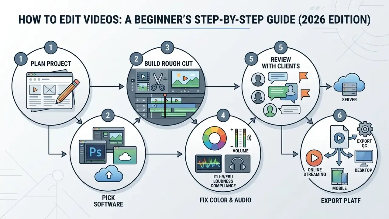 Flowchart illustrating the six steps to edit videos from initial project planning to final export