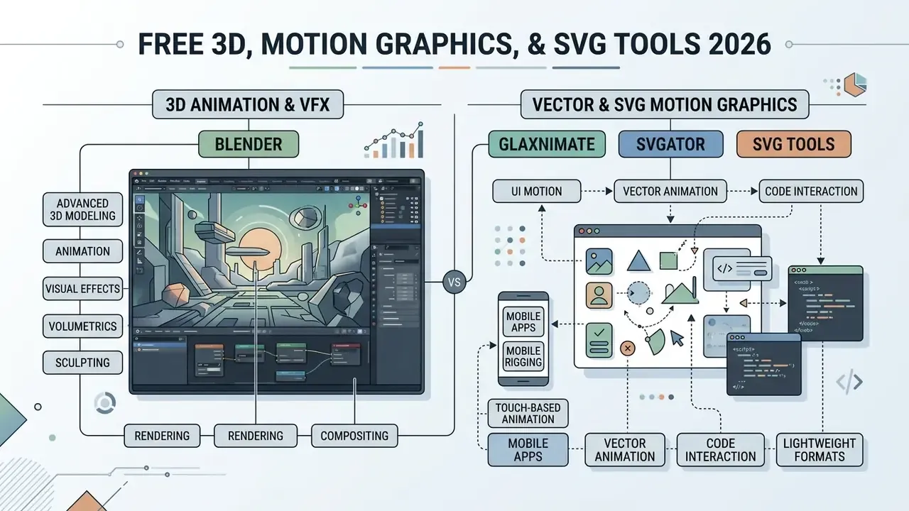 Comparison chart of Blender for 3D animation and SVG tools for vector motion graphics and web code
