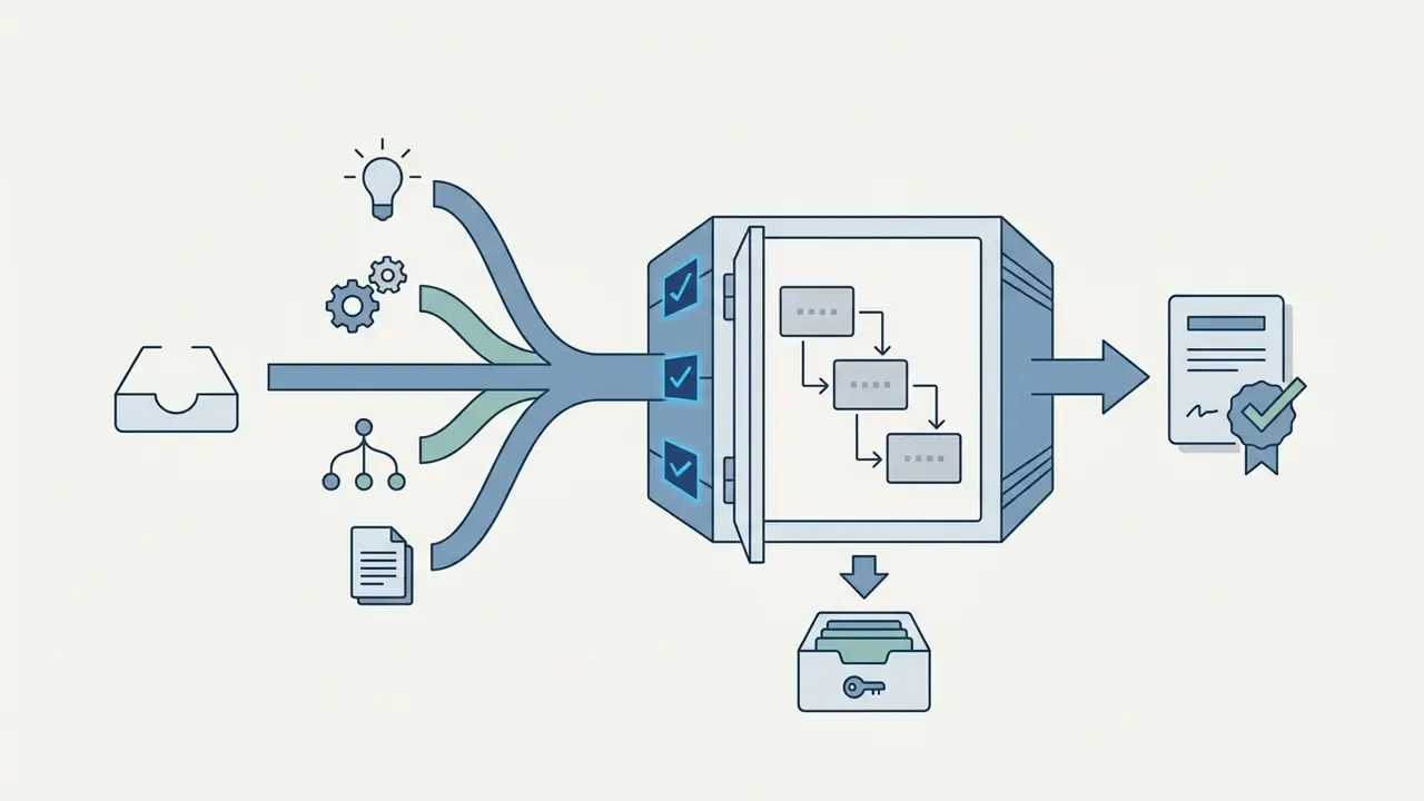Icons of ideas and data flowing into a secure vault to produce a certified document and archived records