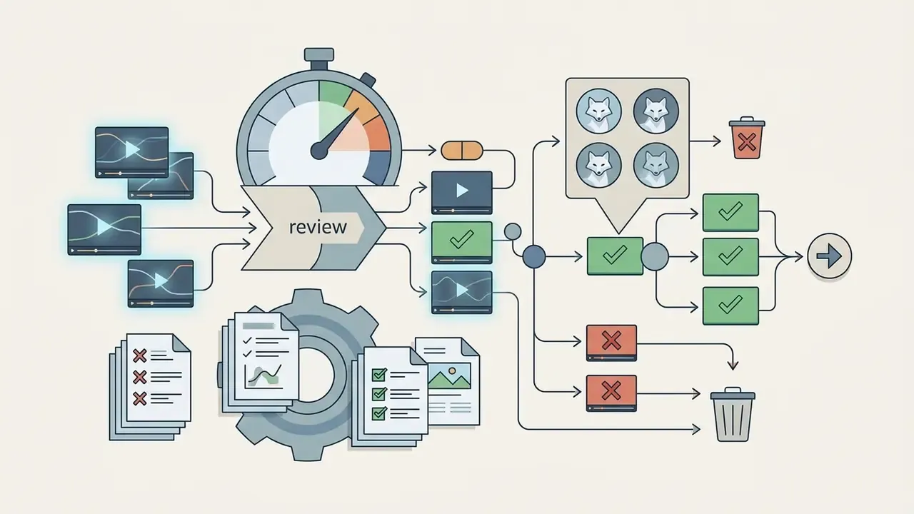 Process flow showing video review, artifact checklists, and sorting clips into approved or discarded categories