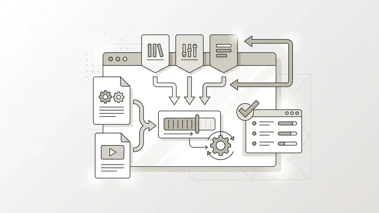 Documents and media icons feeding into a central processing slider with gear and checklist indicators