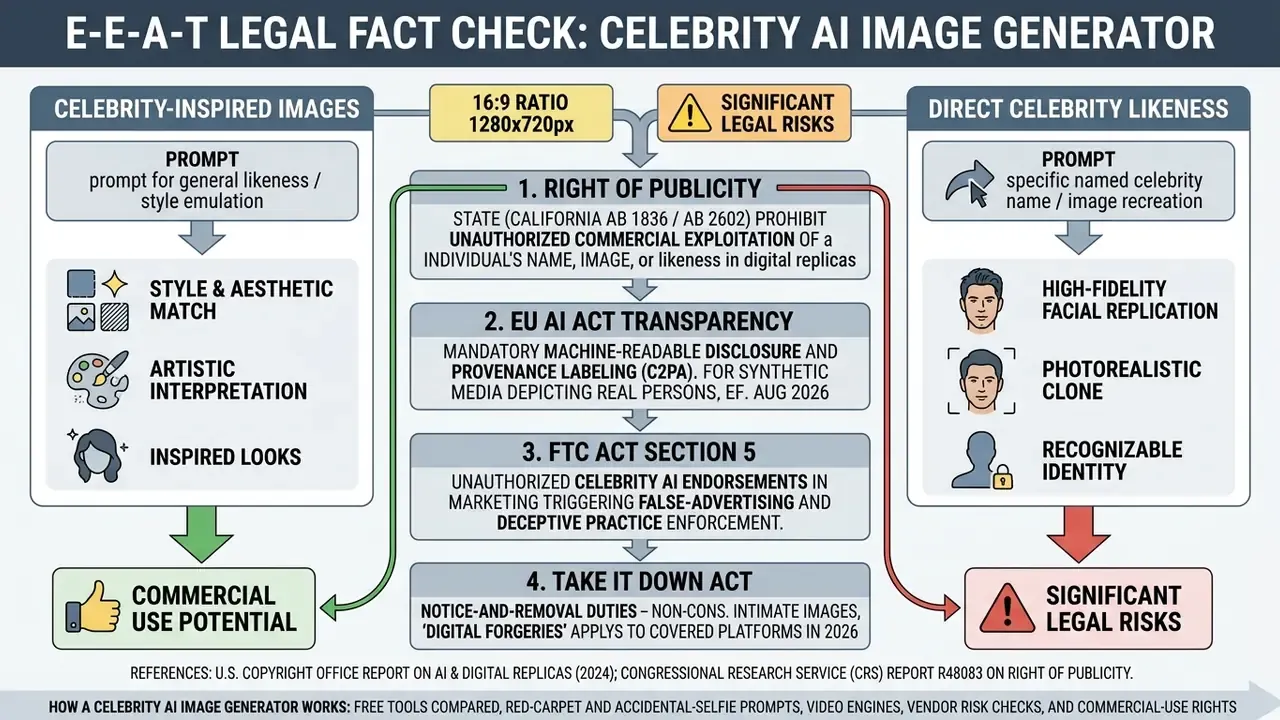 Infographic outlining legal risks and regulations for celebrity AI image generator outputs