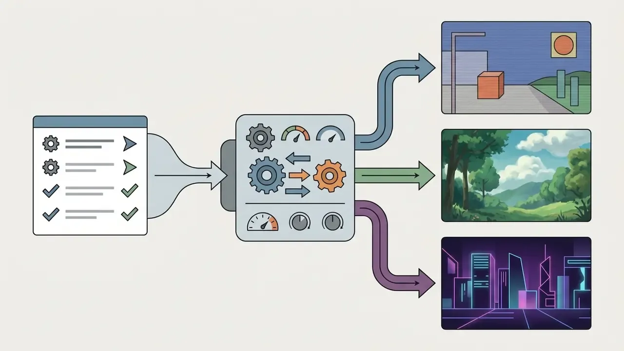 Prompt settings flowing through a control panel to generate diverse anime style visual environments