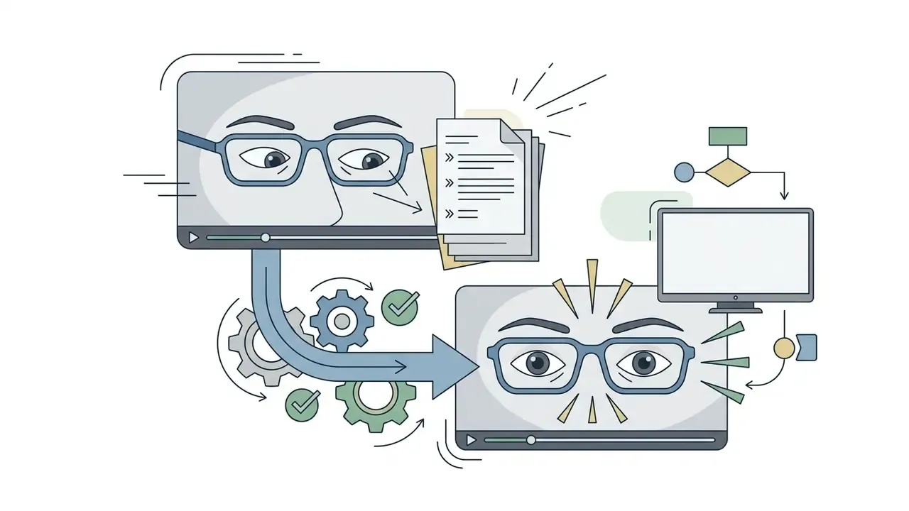 Video frame showing off-screen gaze redirected to center using gears and process flow icons