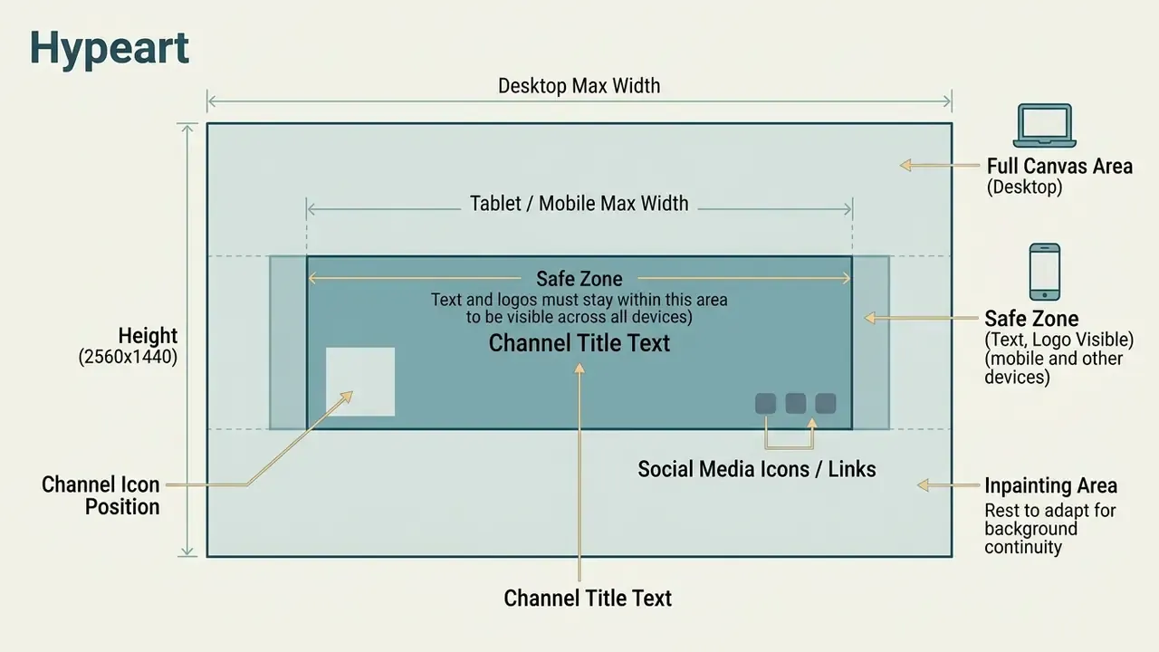 Technical layout showing the central safe zone for text and logos within a full YouTube banner canvas