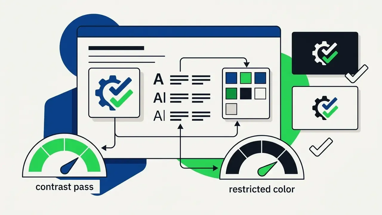 System interface showing contrast gauges and color swatches linked to logo design variations