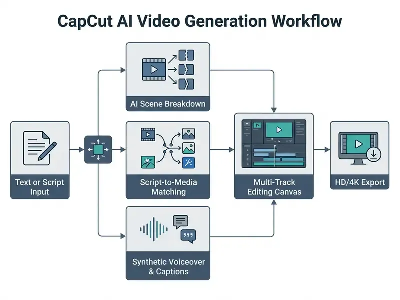 Flowchart showing the CapCut AI video generator process from text input to final media export