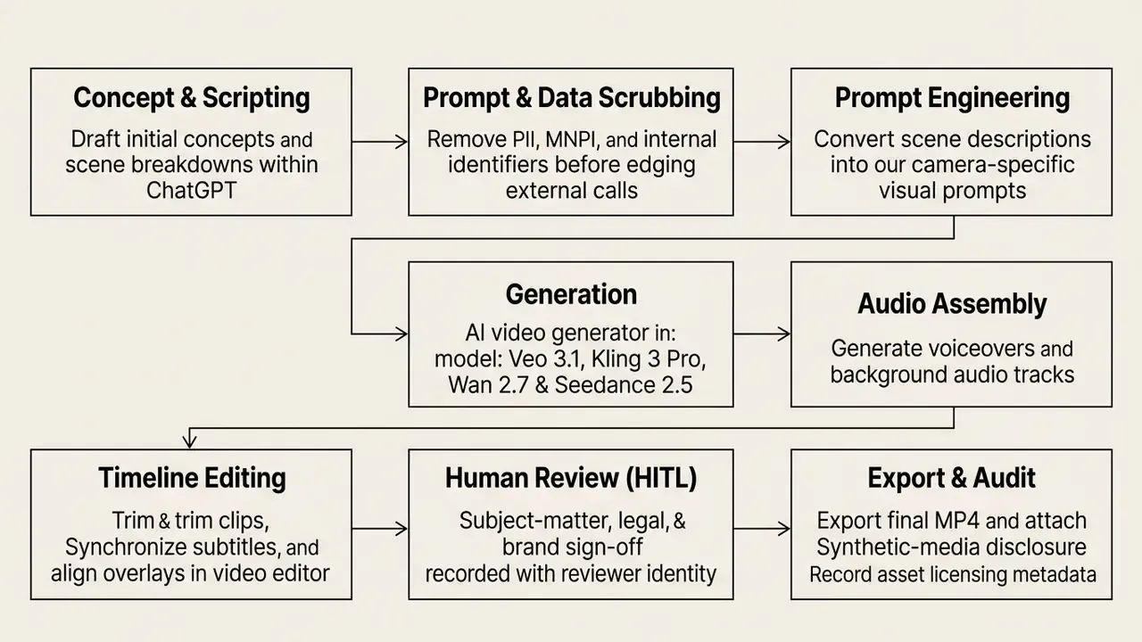 Workflow diagram mapping steps from ChatGPT scripting and data scrubbing to AI video synthesis and audit