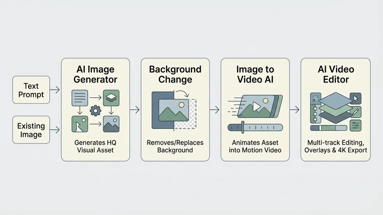Sequential workflow diagram showing image generation, background removal, animation, and video editing