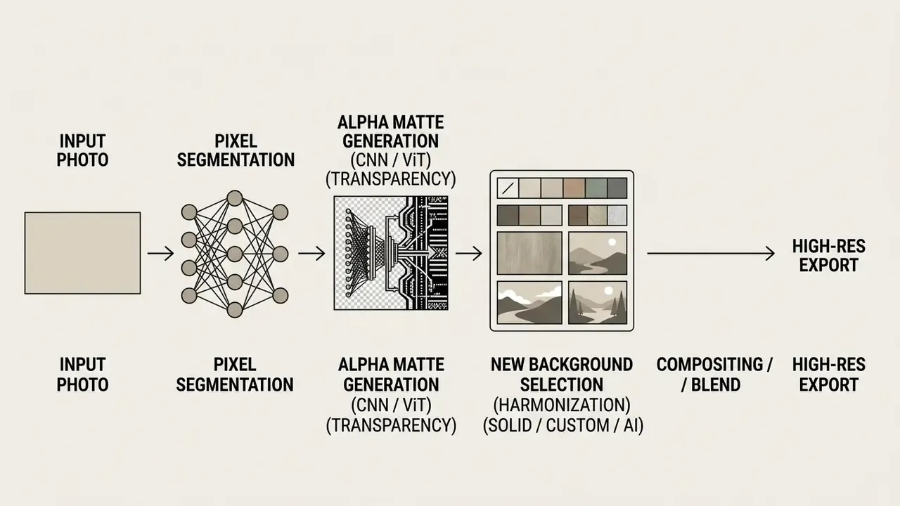 Flowchart showing the AI process from input photo to pixel segmentation and alpha matte generation