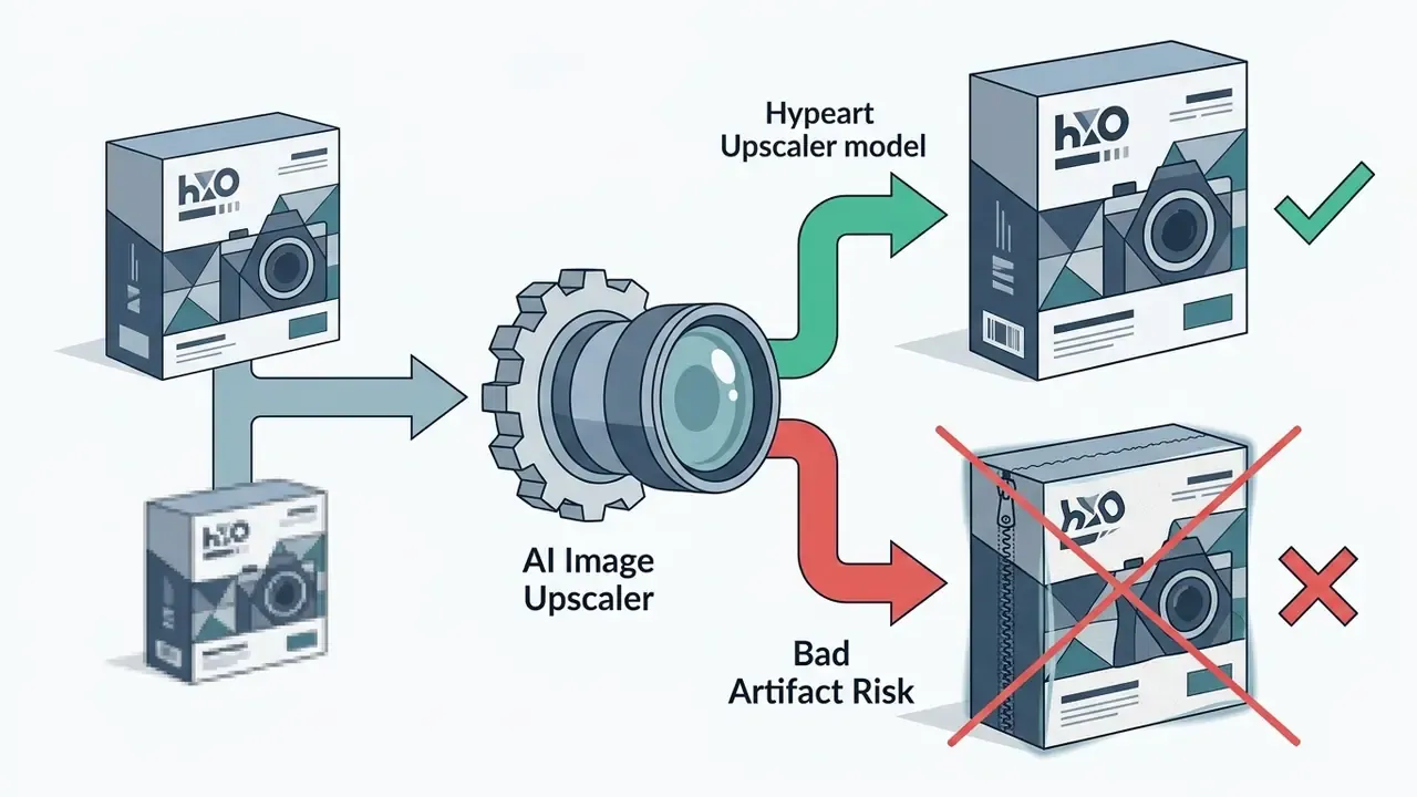 Product packaging images processed by an AI image upscaler showing successful results versus artifact risks