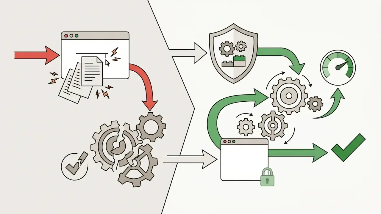 Risk transition from unvetted data input to a protected process with gear mechanisms and security checks