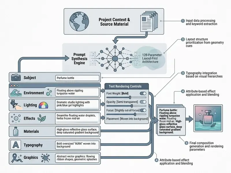 Technical diagram illustrating the step-by-step process of converting descriptive prompts into visuals