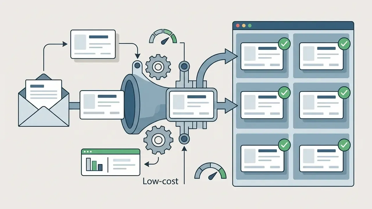 Email documents moving through a mechanical processor into a grid of verified employee profile cards