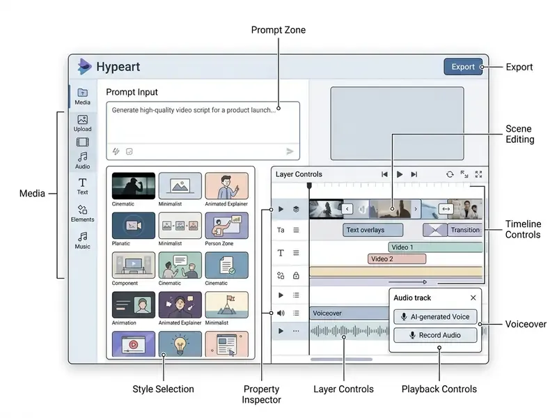 Annotated InVideo AI workspace showing prompt input, style selection, scene editing, and timeline controls