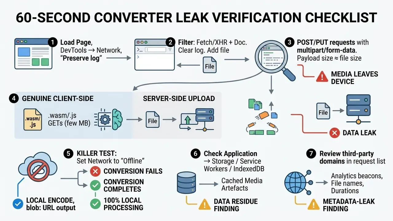 Step-by-step guide for testing a free online video converter for potential data leaks using browser tools