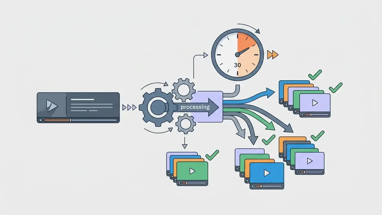 Gear system processing a long video into multiple short clips in thirty seconds with an AI YouTube video maker