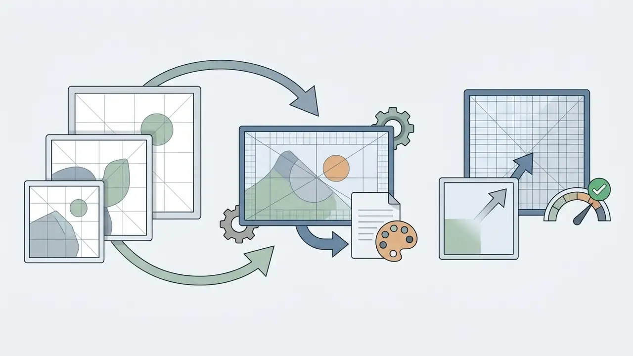 Diagram showing image processing steps with grid overlays, gear icons, document files, and speed gauges