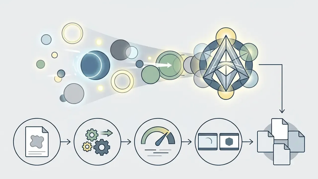 Glowing circles and abstract shapes converging into a central emblem with a sequence of process icons