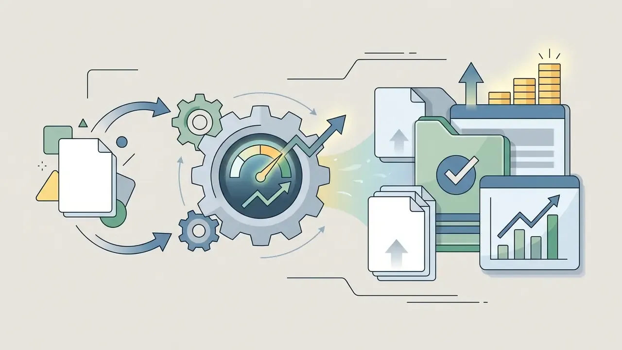 Central gear mechanism processing documents into financial growth and data analytics charts