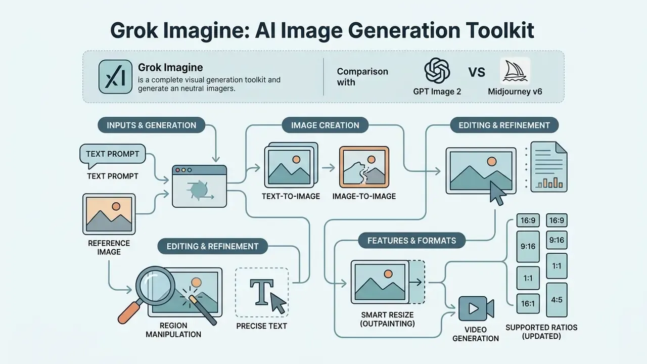 Detailed diagram outlining Grok Imagine features including text-to-image, editing, and aspect ratio options